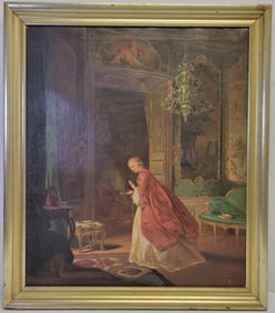 Antique Italian Continental Woman In Elaborate Interior Oil Genre Portrait Unsigned Mystery Unknown