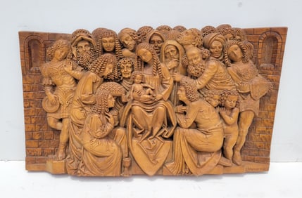 Large Heavy Intricate Black Forest Signed Dated 1948 Medieval Nativity Wood Carving Wall Relief