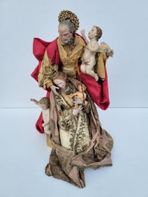 Large Old Holy Family Polychrome Silk Embroidered Costumed Figural 18.5in Sculpture Group Gilt