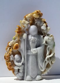 Heavy Vintage Chinese Carved Jade 9 Inch Immortal Child Attendant Blossoms Celadon Orange Moss In