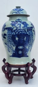 Large Lidded Jar Antique Chinese Qing Floral Celadon Blue Porcelain Opium Poppy And Blossoms Flower