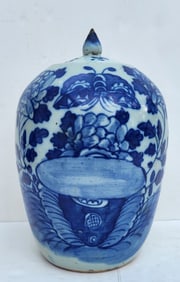 Antique Chinese Qing Blue White Porcelain Lidded Jar Cabbage And Butterfly Motif 12.75 Inches