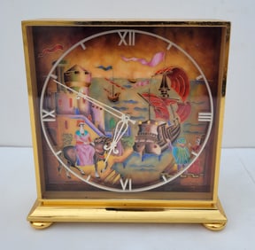Imhof Cloisonne Enamel Swiss 8 Day Desk Clock Medieval Seaside Castle Or Columbus Voyage 7.75 Inches