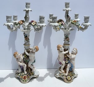 Pair Large Vintage Von Schierholz Meissen Dresden Tradition German Porcelain Figural Nude Putti