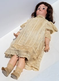 Pre War Porcelain Doll Marked Holland Above Germany Aprx 20 Inch Sleep Eye Girl Lace Outfit German