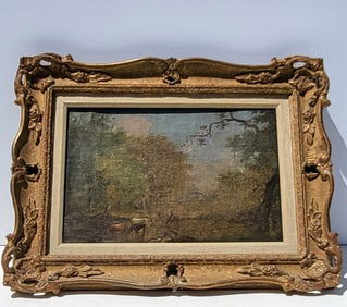 Signed Illegibly 18C English Dutch Landscape Figures Horses Illegible Signature