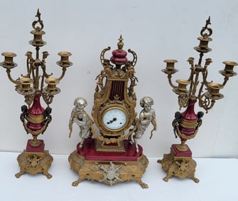 Large Ornate Vintage Imperial French Continental Style Figural Bronze Mantle Clock With Pair