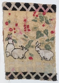 Antique Rabbits Garden Folk Art Hook Rug 42 X 27 Inches