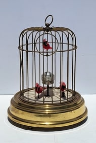Interesting 3 Bird Cardinal Automaton Rensie Musical Alarm Cage Wind Up Clock 8 Inches High Overall