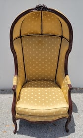 Louis XV Style Old Carved Porter Balloon Arm Chair Floral Carved Hard Wood Cabriole Legs Embroidered
