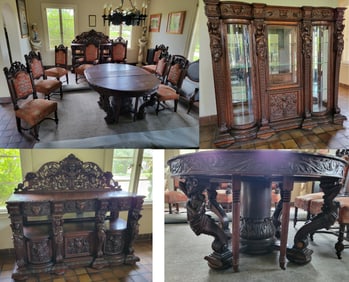 Spectacular RJ Horner Quality Full And Partial Figure Carved Oak Late Victorian 11pc Dining Room Set