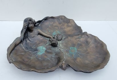 Large Heavy Art Nouveau Female Lilypad Nude Nymph Bronze Tray By Or After Raoul Francois Larche