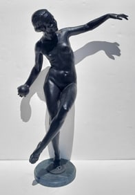 Large 31in French Bronze By Or After Lucien Charles Edouard Alliot Nude Female Ball Dancer Art Deco