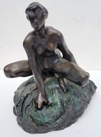 By Or After Auguste Rodin Crouching Bather Bronze Signed Stamped 12.5 Inch Young Female Nude Statue