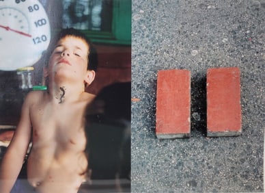 Matt Magee 1977 Avant Garde Collage Type Photograph Young Shirtless Boy Brick Red Salamander Framed