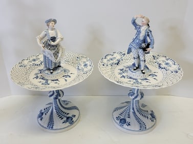 Pair Meissen Pastry Stands Blue Onion Figural Man Woman Reticulated Porcelain 13.25in High Vintage