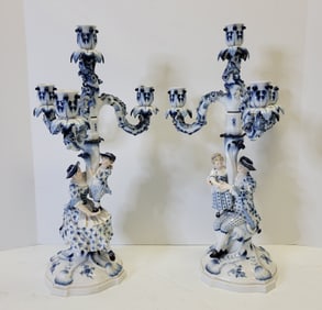 Pair Large Meissen Candlesticks Blue Onion Figural Man Woman Children Porcelain 18.75in High Vintage