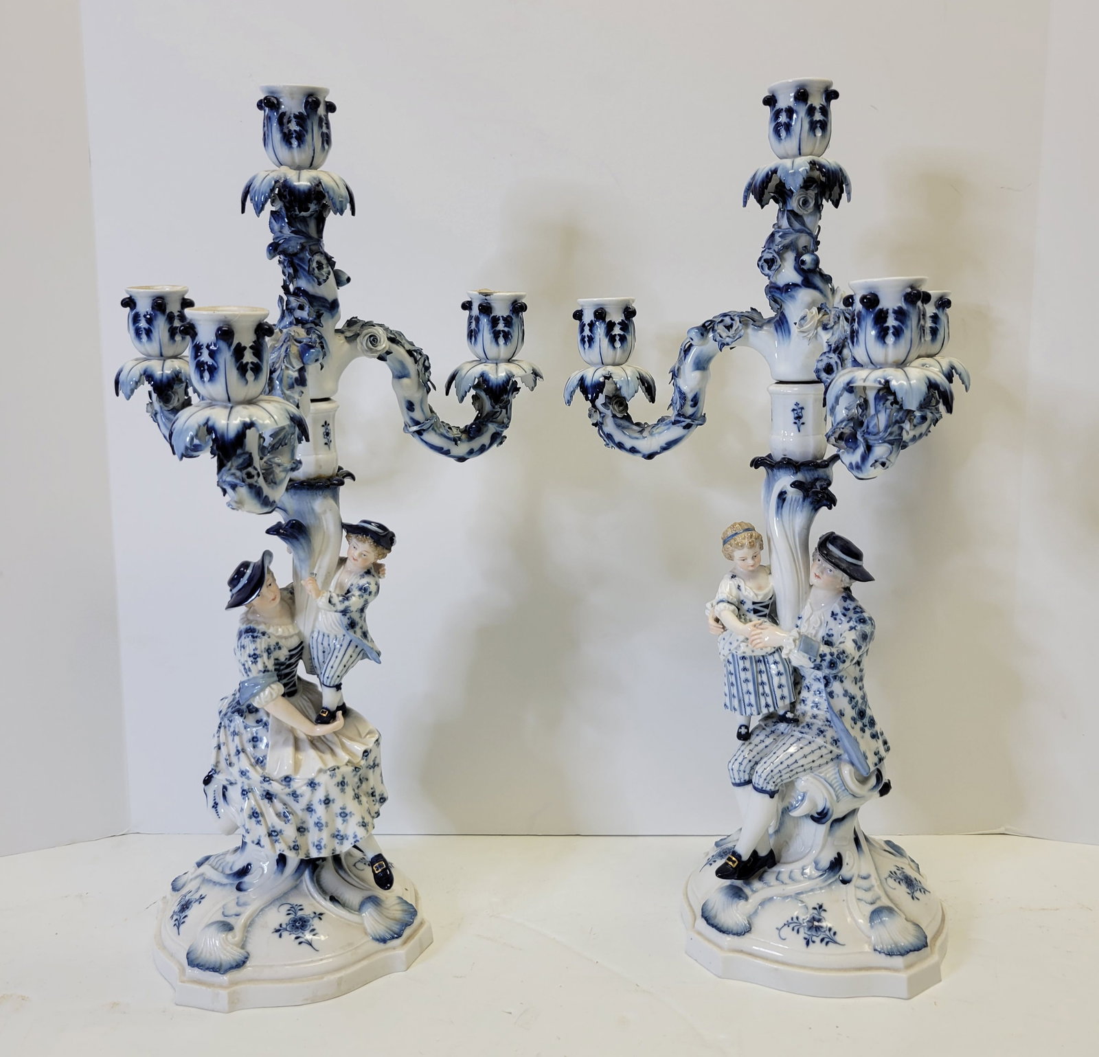 Pair Large Meissen Candlesticks Blue Onion Figural Man Woman Children Porcelain 18.75in High Vintage (1 of 7)