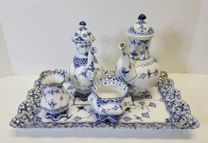 Royal Copenhagen Reticulated Porcelain Coffee Tea Chocolate Ect Set Fluted Lace Signed Numbered Tray