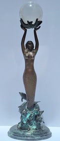Contemporary Heavy Bronze Marble Nude Mermaid Dolphins Woman Crystal Ball Globe 23.25 Inch Overall