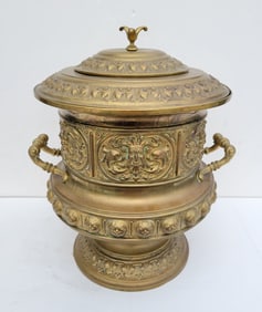 Giant Antique Repousse Victorian Brass Bacchus Continental Style Lidded Ice Bucket Wine Cooler