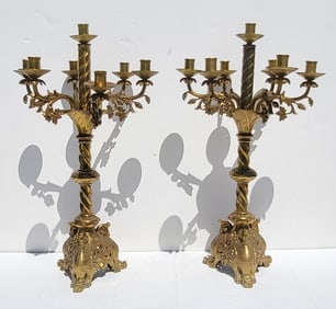 Pair Large Vintage Gilt Bronze Or Brass Candleabrum Almost 23in 7 Light Figural Feet