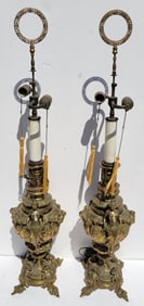 Pair Large Antique Continental Manner Gilt Dore Nude Women Mounts Bronze Table Lamps 38.5in Overall