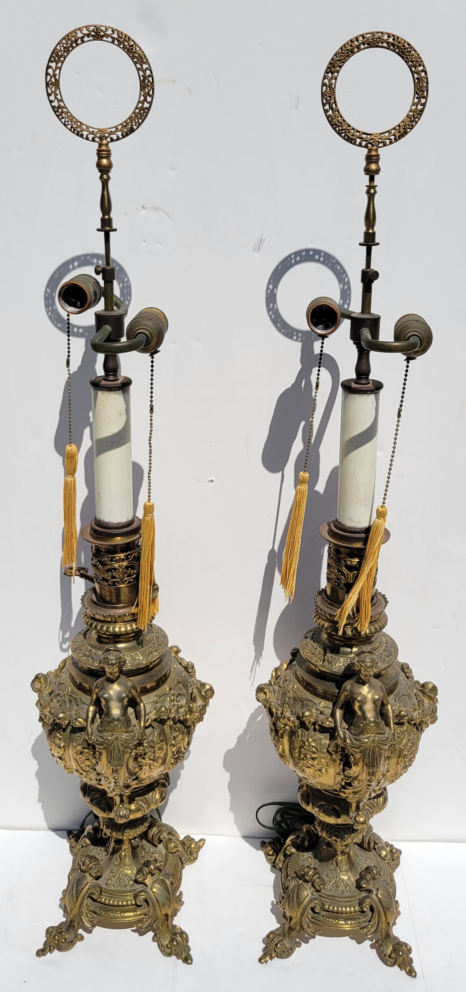 Pair Large Antique Continental Manner Gilt Dore Nude Women Mounts Bronze Table Lamps 38.5in Overall: Pair Large Antique Continental Manner Gilt Dore Nude Women Mounts Bronze Table Lamps 38.5in Overall. Each filigree collar has a small break, one at the electric switch and one at the converted front k