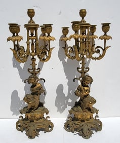 Pair Antique French Gilt Dore Figural Children Bronze Candlesticks 20in Heavy Beaux Arts Salon Belle