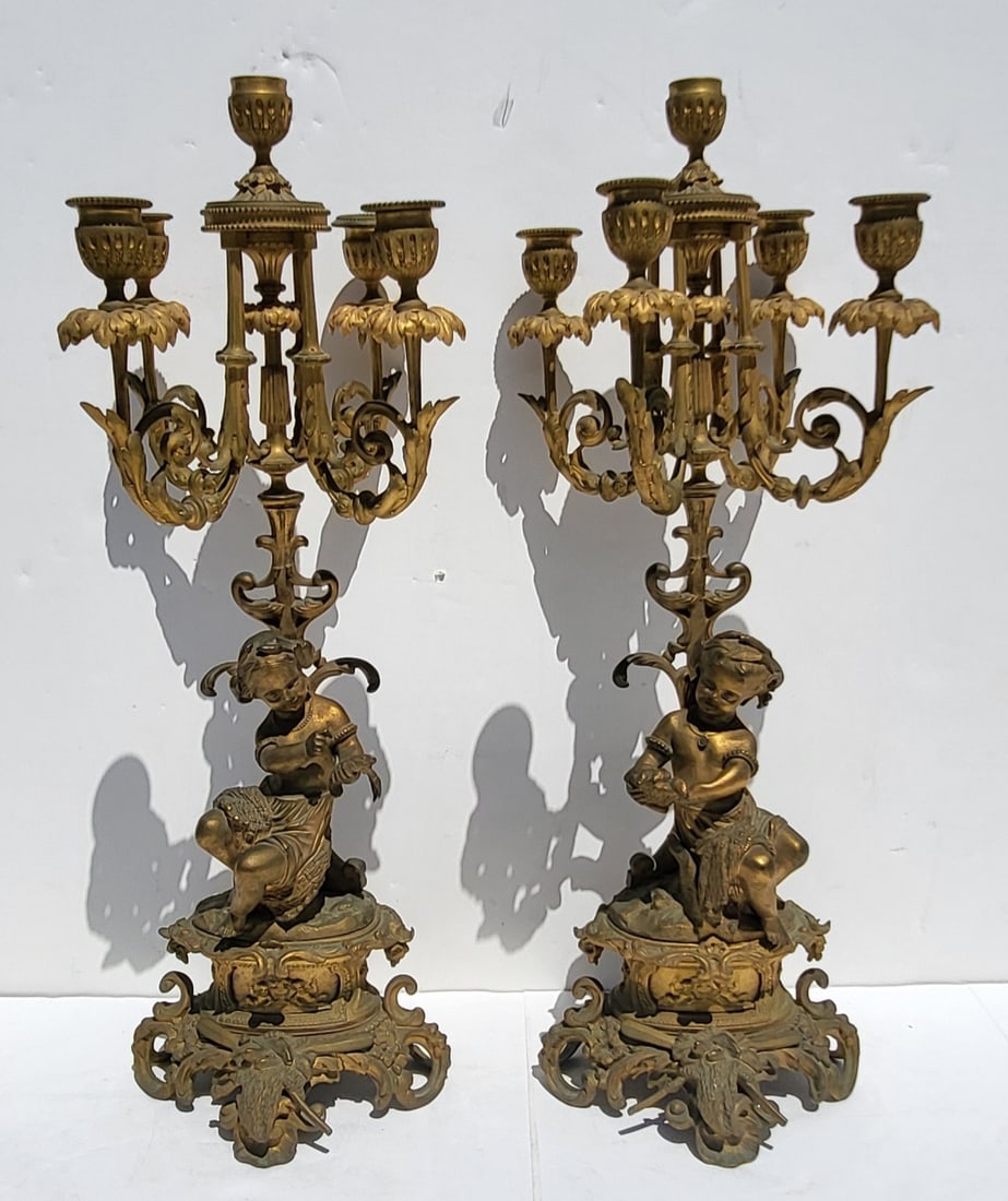 Pair Antique French Gilt Dore Figural Children Bronze Candlesticks 20in Heavy Beaux Arts Salon Belle (1 of 5)