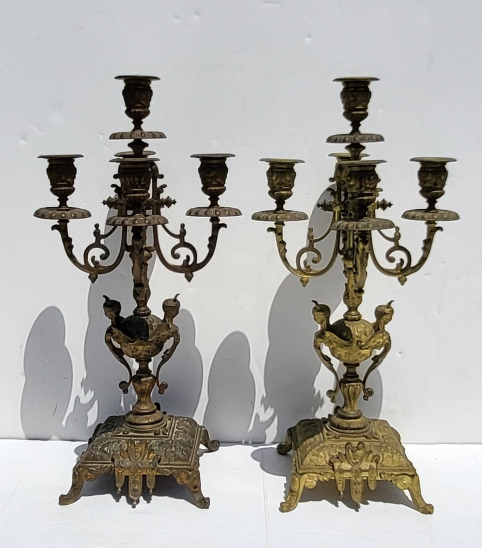 Pair Antique 19in Beaux Arts Bronze Candlesticks Art Nouveau Semi Nude Mounts 5 Light: Pair Antique 19in Beaux Arts Bronze Candlesticks Art Nouveau Semi Nude Mounts 5 Light. Note that while these match the patinas do not match. Both have associated alpha numeric old stamps underneath. T