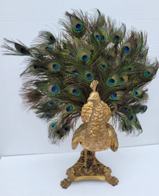 Large Old Bronze And Gilt Metal Peacock Statue Fitted With Feathers 26inches Overall Animalier