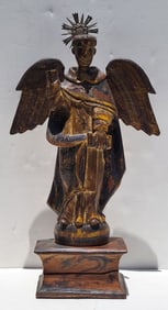 Antique Spanish Colonial Santo San St Vicente Ferrer Ilocos 18c Label Carved Wood 19.25 Inch Statue