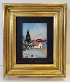 G Ugolini Pietra Dura Italian Hardstone Plaque 5.375 X 4 Inches Alpine Cottage Bridge