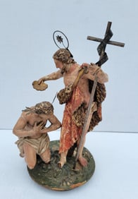 Antique Carved Polychrome Statue Christ And St John The Baptist Christ With Tin Circular Halo