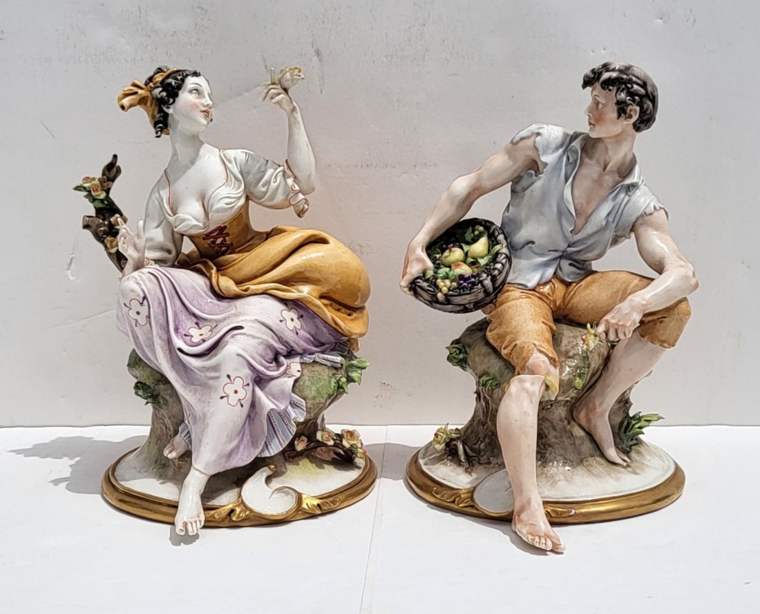 Pair Vintage Capodimonte Young Amorous Couple Porcelain Artist Signed Statue Sculpture 8 Inch: Pair Vintage Capodimonte Young Amorous Couple Porcelain Artist Signed Statue Sculpture 8 Inch Faience Figures. Each with a crown N stamp and each with an incised stylized signature at the rear base. T