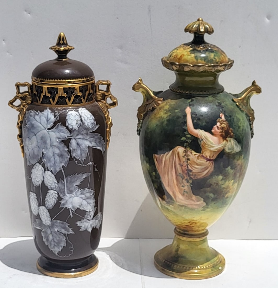 Lot 2 Continental HP Handpainted Porcelain Art Pottery Vase Urns Signed Illegibly 12 Inch Salon: Lot 2 Continental HP Handpainted Porcelain Art Pottery Vase Urns Signed Illegibly 12 Inch Salon Style Woman On Swing And Gilt Trim Pinecone Dragonfly Lidded Vases. The Belle Epoch Beaux Arts veiled se