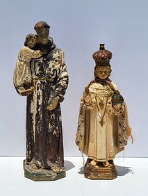 Lot 2 Polychrome Plaster Saint Statue Sculpture Figures 10.75 And 12.25 Inches Vintage Spanish