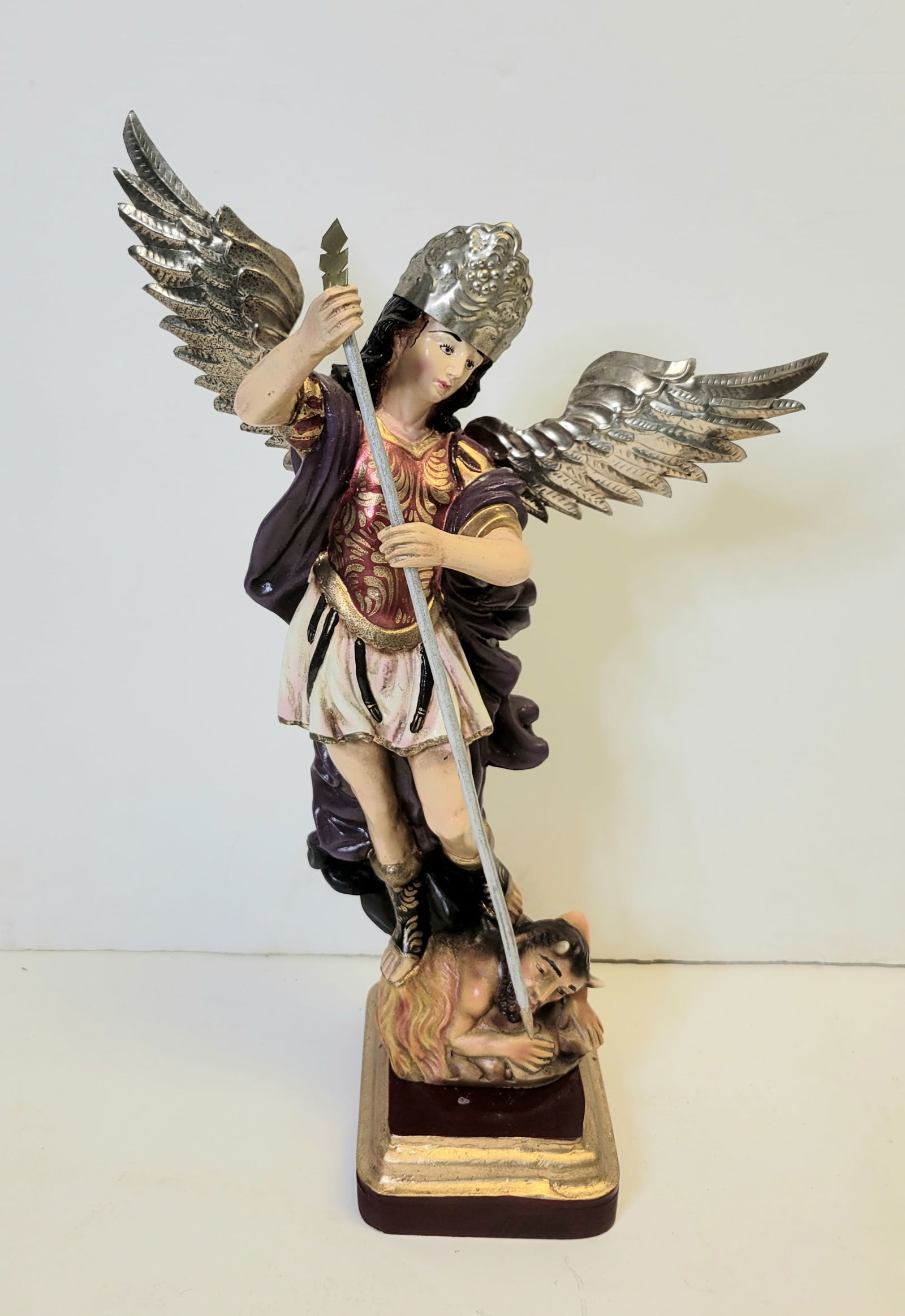 Vintage Saint Michael Polychrome Carved Wood Statue Sculpture South American Folk Art Figure Slaying (1 of 2)