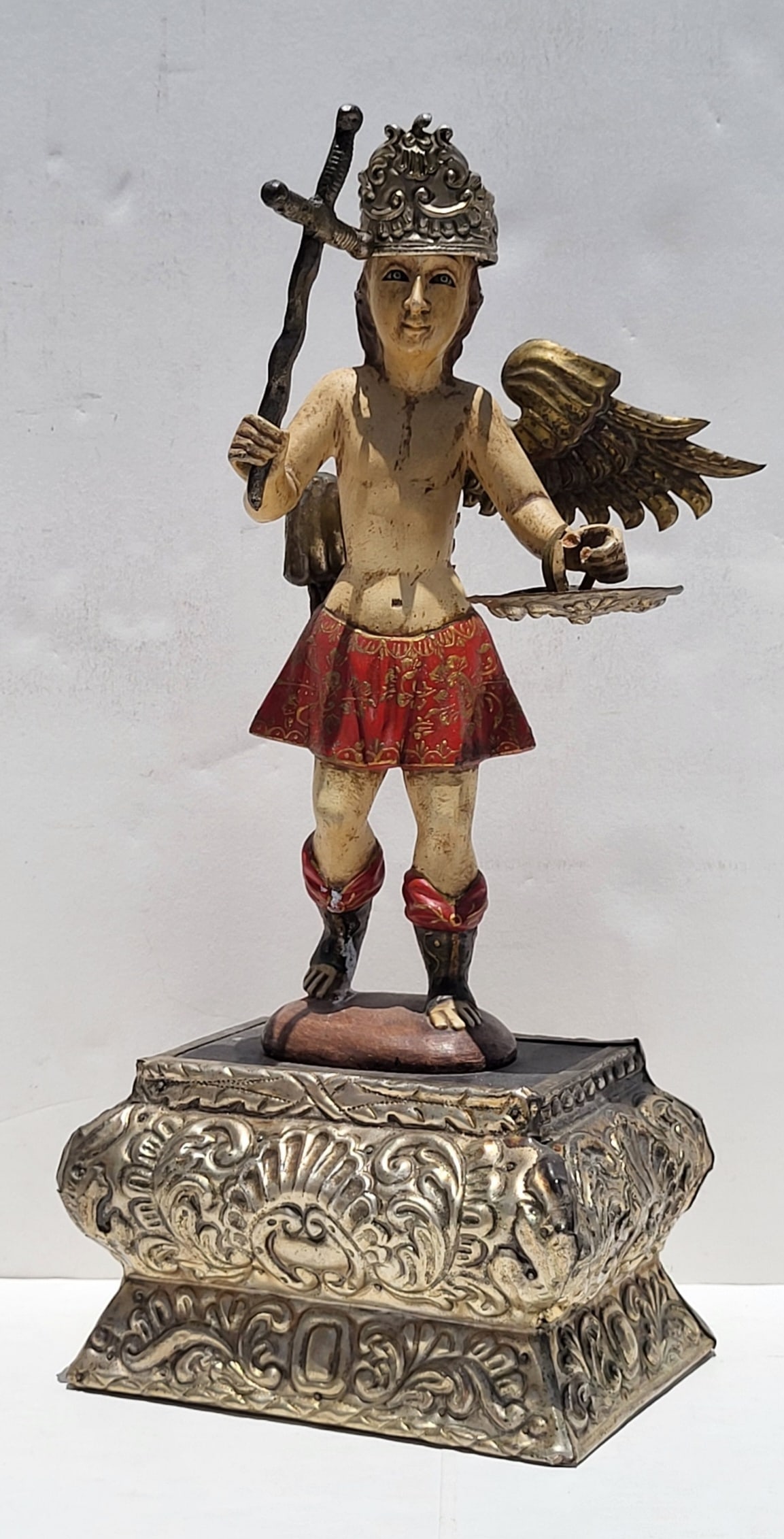 Vintage To Antique Spanish Or Colonial Santo St Archangel Michael Carved Wood 13.6 Inch Statue (1 of 8)