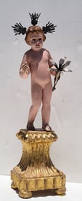 Vintage Santo Child Cherub Or Christ Nude Polychrome Naked Boy Saint Or Savior Holds Tin Flowers And