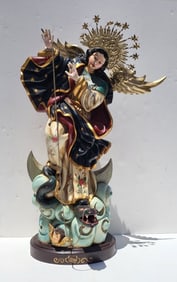 Large Virgin Of Quito 27 Inch Carved Polychrome Wood Christian Saint Statue Sculpture Vintage