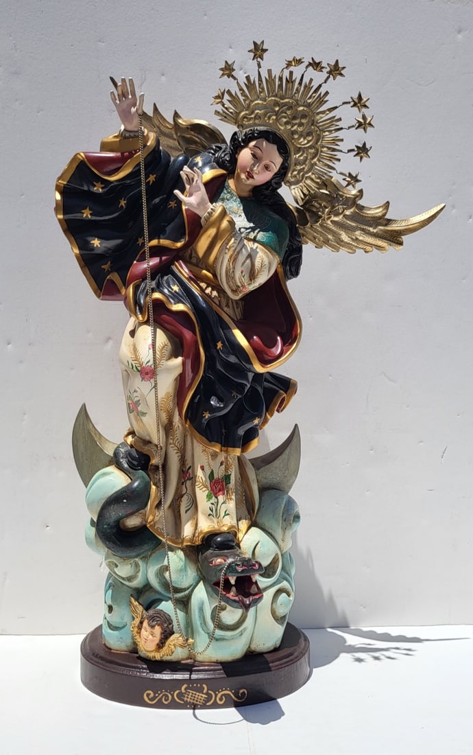 Large Virgin Of Quito 27 Inch Carved Polychrome Wood Christian Saint Statue Sculpture Vintage (1 of 6)