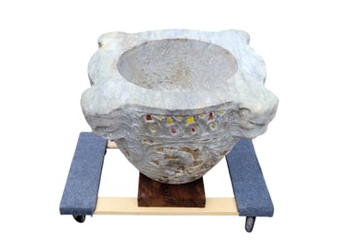 Large Heavy Byzantine Style Carrera Marble Baptismal Font Well Fountain Head Figural Lion Animalier