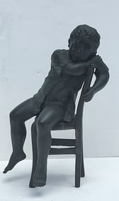 Vintage Seminude Sleeping Young Boy Child Bronze Seated Romantic Patinated Figure In Chair Statue