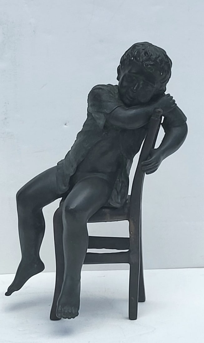 Vintage Seminude Sleeping Young Boy Child Bronze Seated Romantic Patinated Figure In Chair Statue (1 of 4)