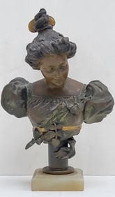 Antique Bronzed Verdigris And Gilt Spelter White Metal Beaux Arts Young Female Portrait Bust Statue