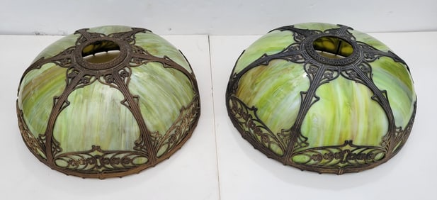 Pair Art Crafts 18 Inch Green Slag Art Nouveau Table Lamp Shades
