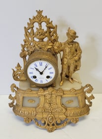 Antique French Figural Gilt Alabaster Enamel Dial Table Clock 13.5in High