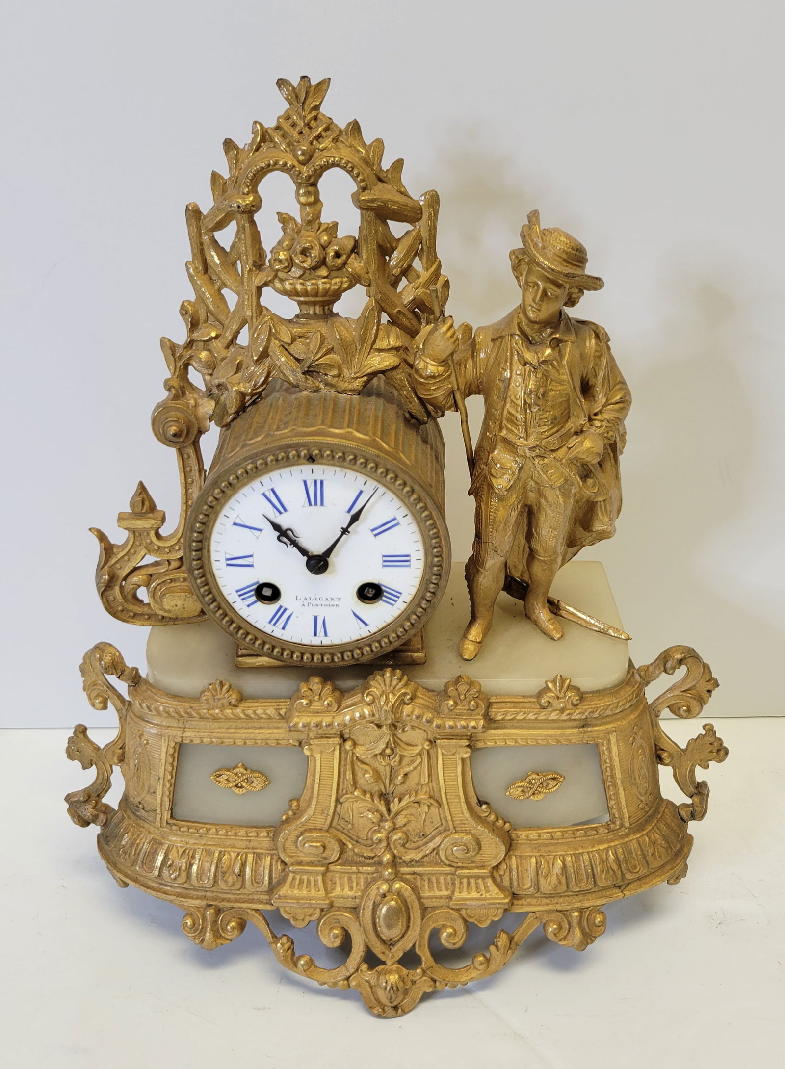 Antique French Figural Gilt Alabaster Enamel Dial Table Clock 13.5in High (1 of 9)